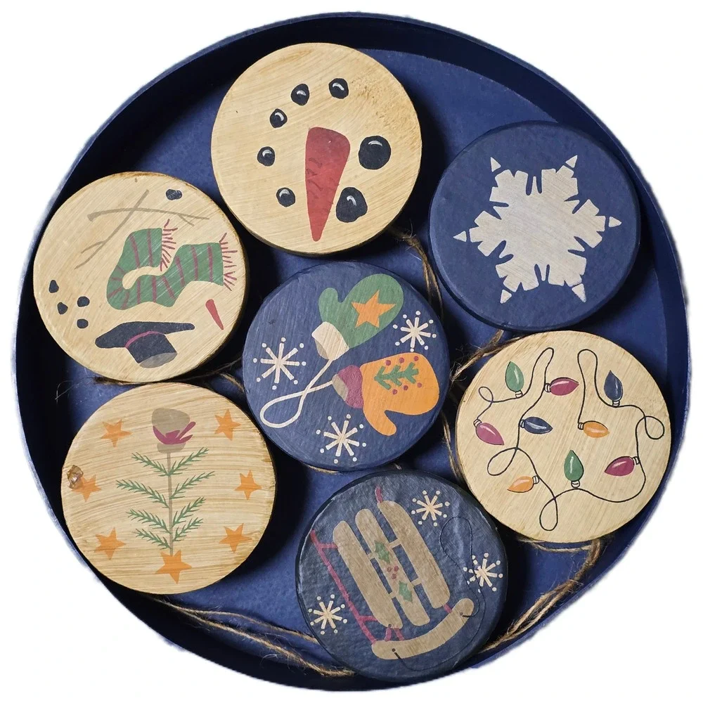 Round Snowman Face Christmas Ornaments Set of 7‎ Wood Sleigh Lights Mittens wood